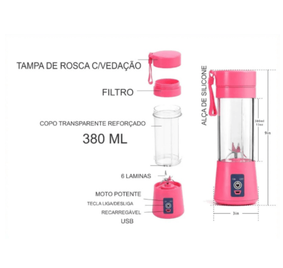 Mini Liquidificador Mixer Juice Cup Portatil 320ml USB 6 Lâminas - Juicer - originalfast